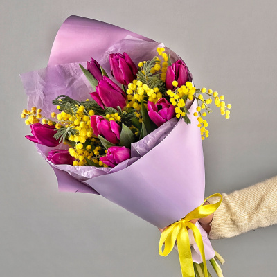 Тюльпаны с мимозой (9 шт) 46459