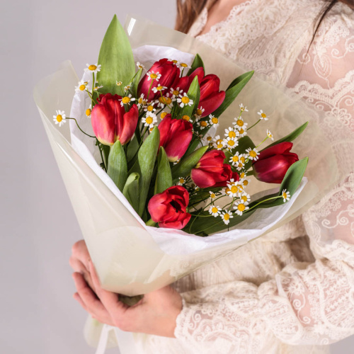 Букет из 7 красных тюльпанов с ромашками 59873