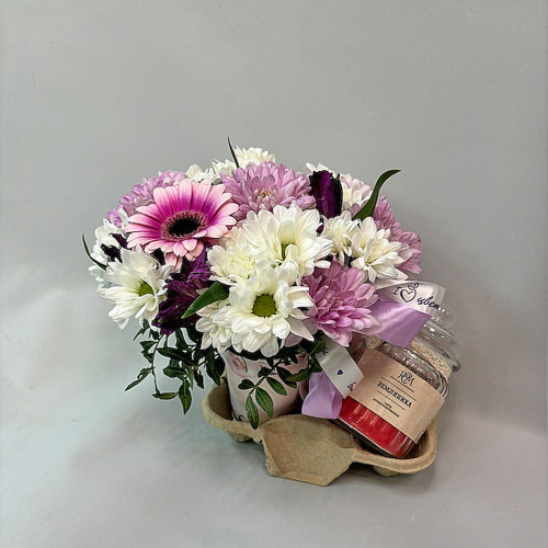 Сет "Земляника". Набор стаканчик с цветами и аромасвечой в банке арт. 70404