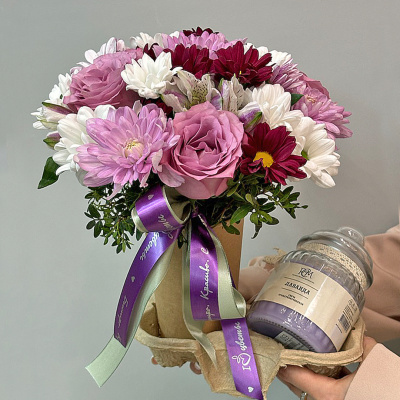 Сет "Лаванда". Набор стаканчик с цветами и аромасвечой в банке 70396